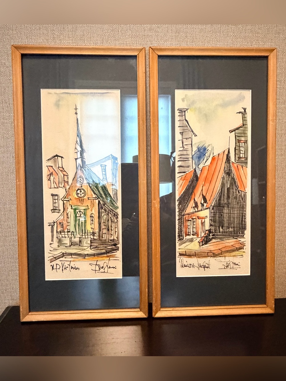 Vintage Signed Québec Watercolor & Ink Paintings – Framed
